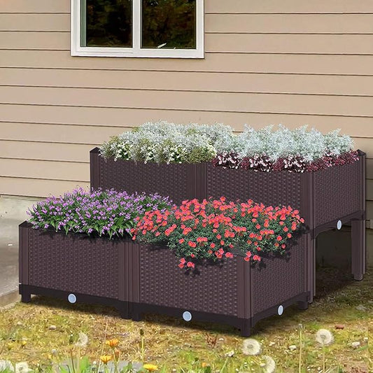 Set of 4 Stylish Raised Garden Planter Boxes in Brown & Grey