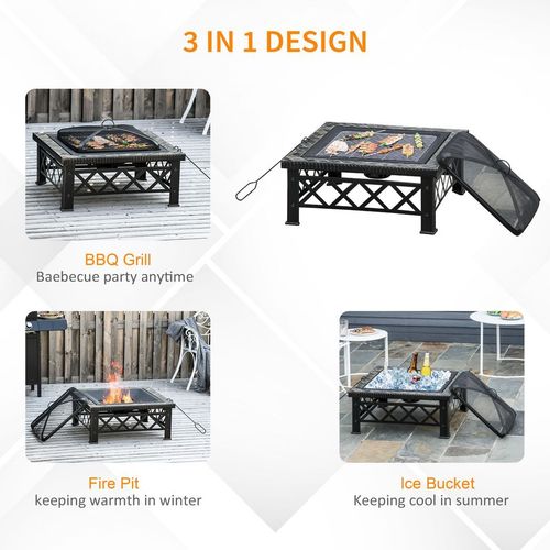76cm Square Steel Garden Fire Pit Table with Poker & Mesh Cover