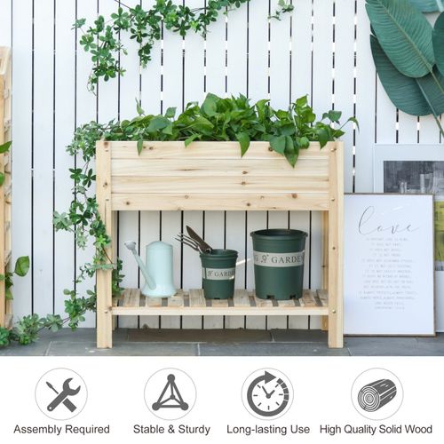 Sturdy Raised Wooden Planter Stand with Shelf