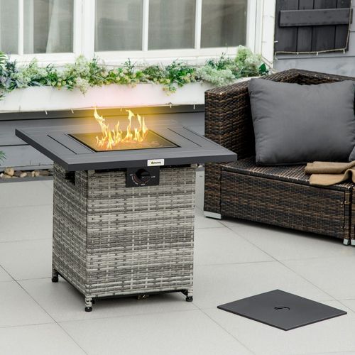 Outsunny Gas Fire Pit Table with Rain Cover, Mesh Lid & Lava Stone, 40,000 BTU