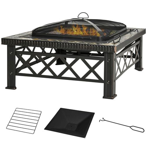 76cm Square Steel Garden Fire Pit Table with Poker & Mesh Cover