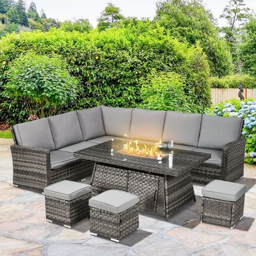 Outsunny 7-Piece Rattan Patio Set with 50,000 BTU Gas Fire Pit Table