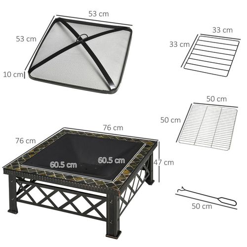 76cm Square Steel Garden Fire Pit Table with Poker & Mesh Cover