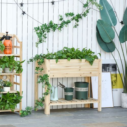Sturdy Raised Wooden Planter Stand with Shelf