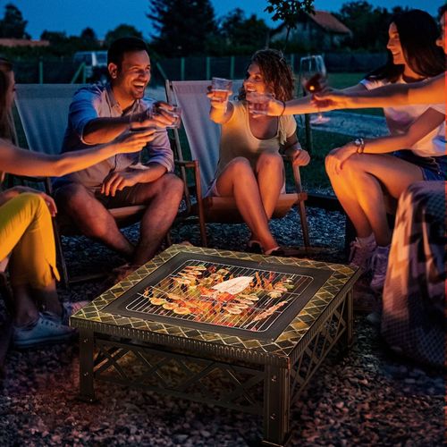 76cm Square Steel Garden Fire Pit Table with Poker & Mesh Cover